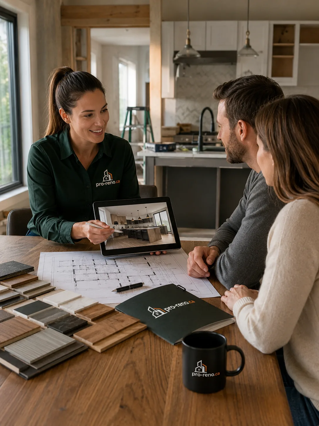 Présentation d'un projet de rénovation à des clients, plans et échantillons sur la table