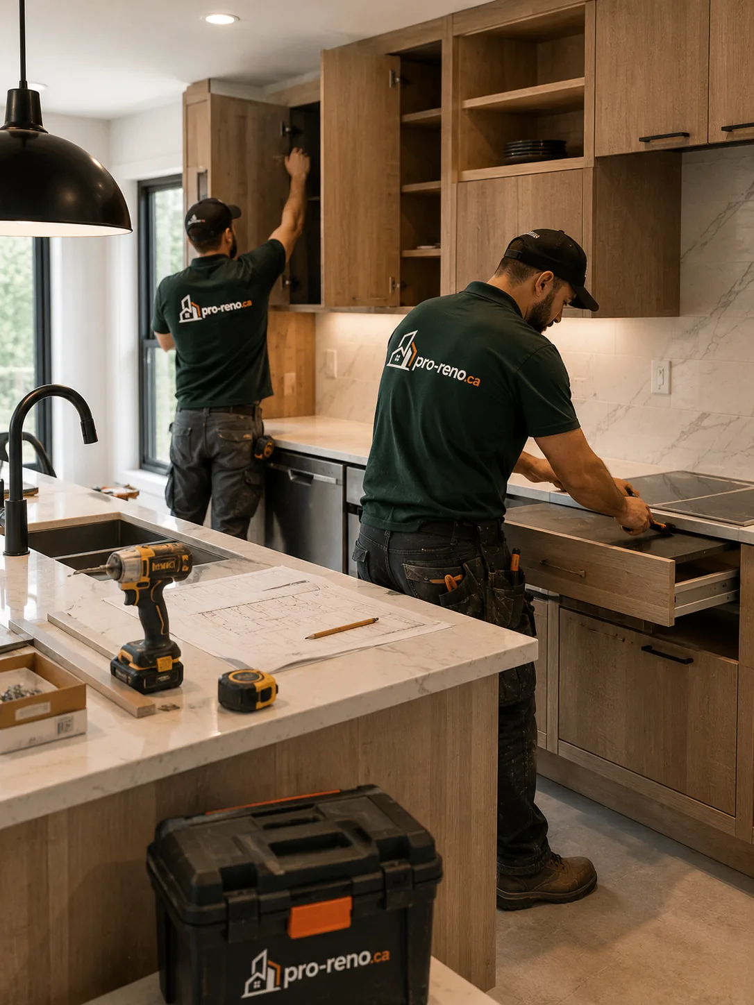 Ouvriers posant de la menuiserie sur mesure lors d'une rénovation intérieure