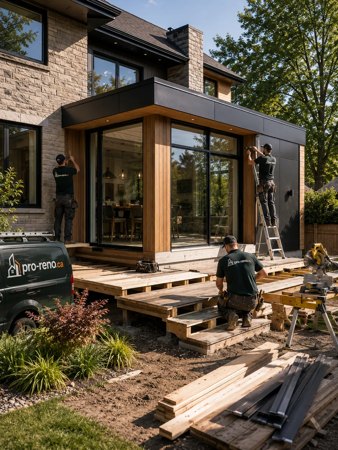 Agrandissement résidentiel en construction avec terrasse et revêtement extérieur